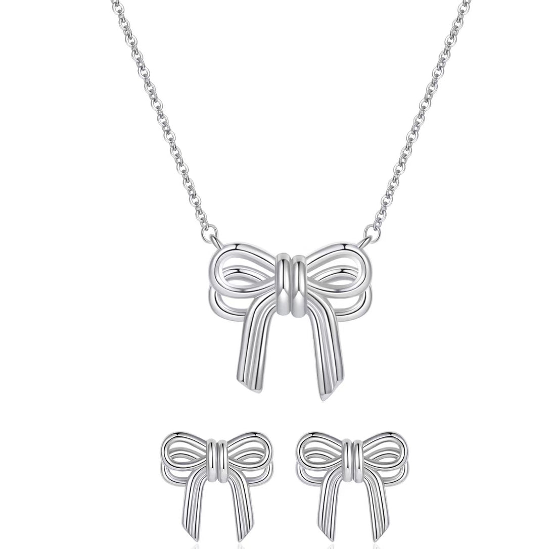 Silver Carving Bow Jewelry Set - FOLOOTY BOUTIQUE