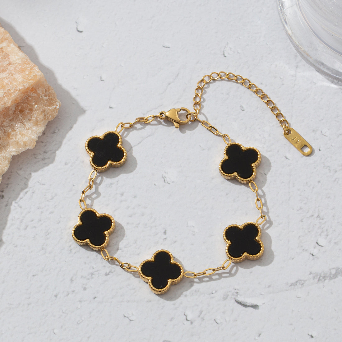 Gold Lucky Clover Flower Craving Bracelet - black