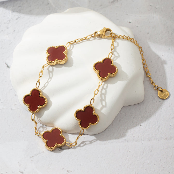 Gold Lucky Clover Flower Craving Bracelet - red