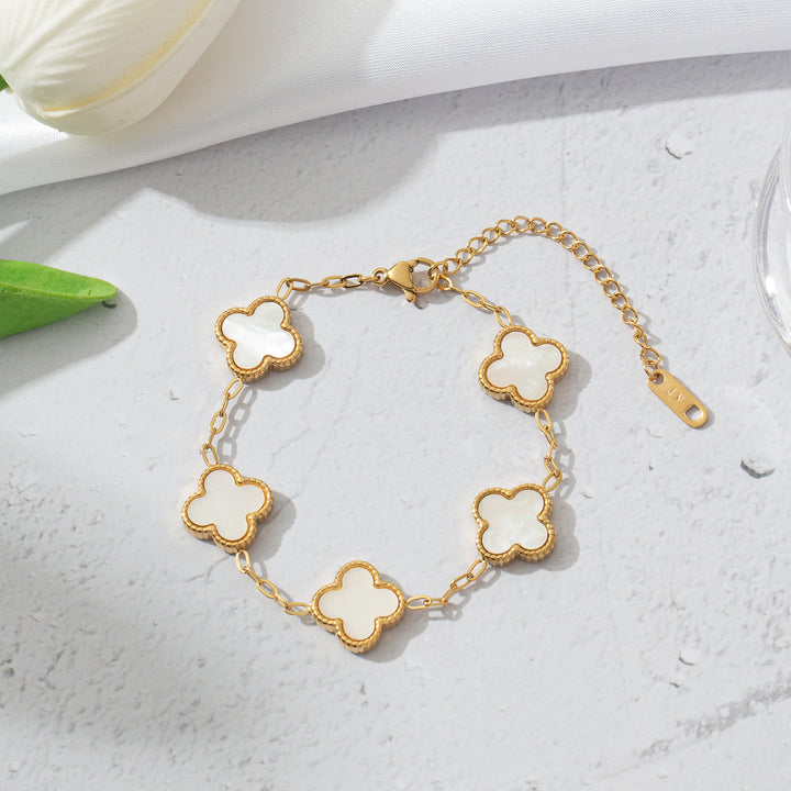 Gold Lucky Clover Flower Craving Bracelet - white