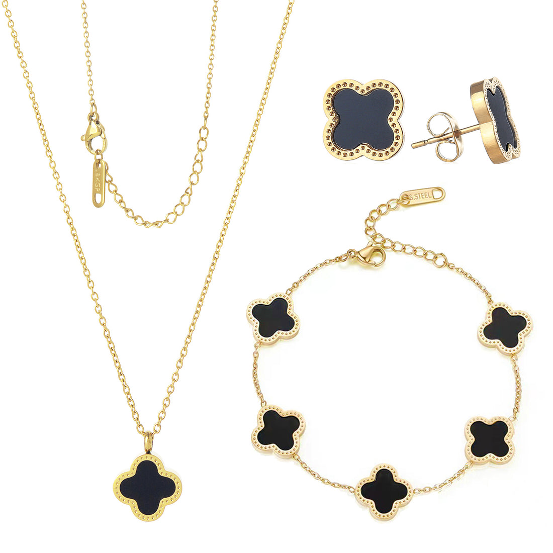 Gold Lucky Clover Jewelry Set with black accents