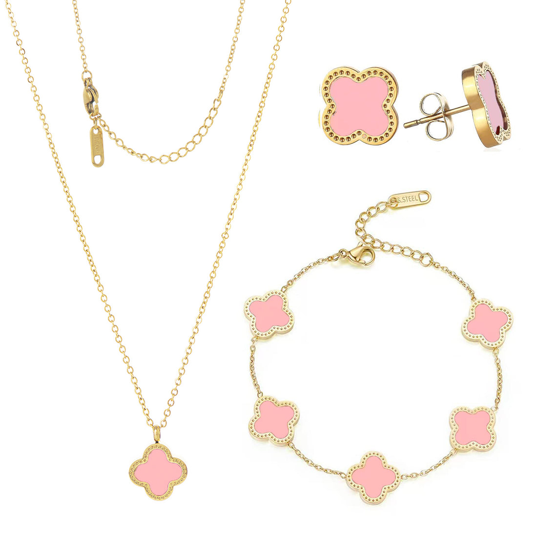 Gold Lucky Clover Jewelry Set with pink accents