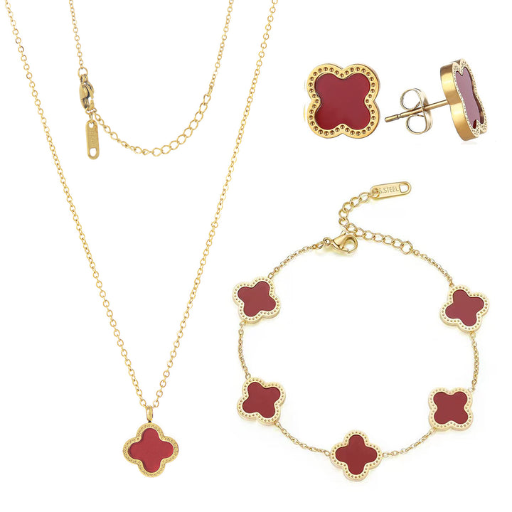 Gold Lucky Clover Jewelry Set with red accents