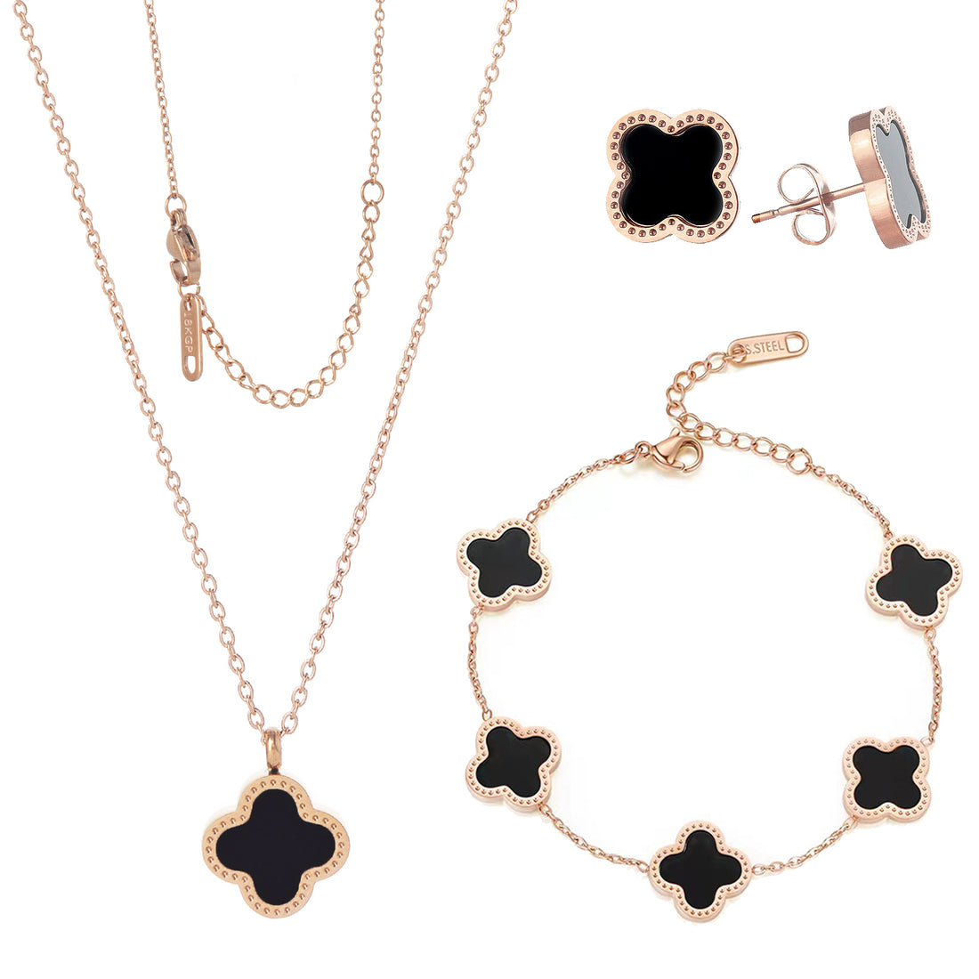 Rose gold Lucky Clover Jewelry Set with black accents