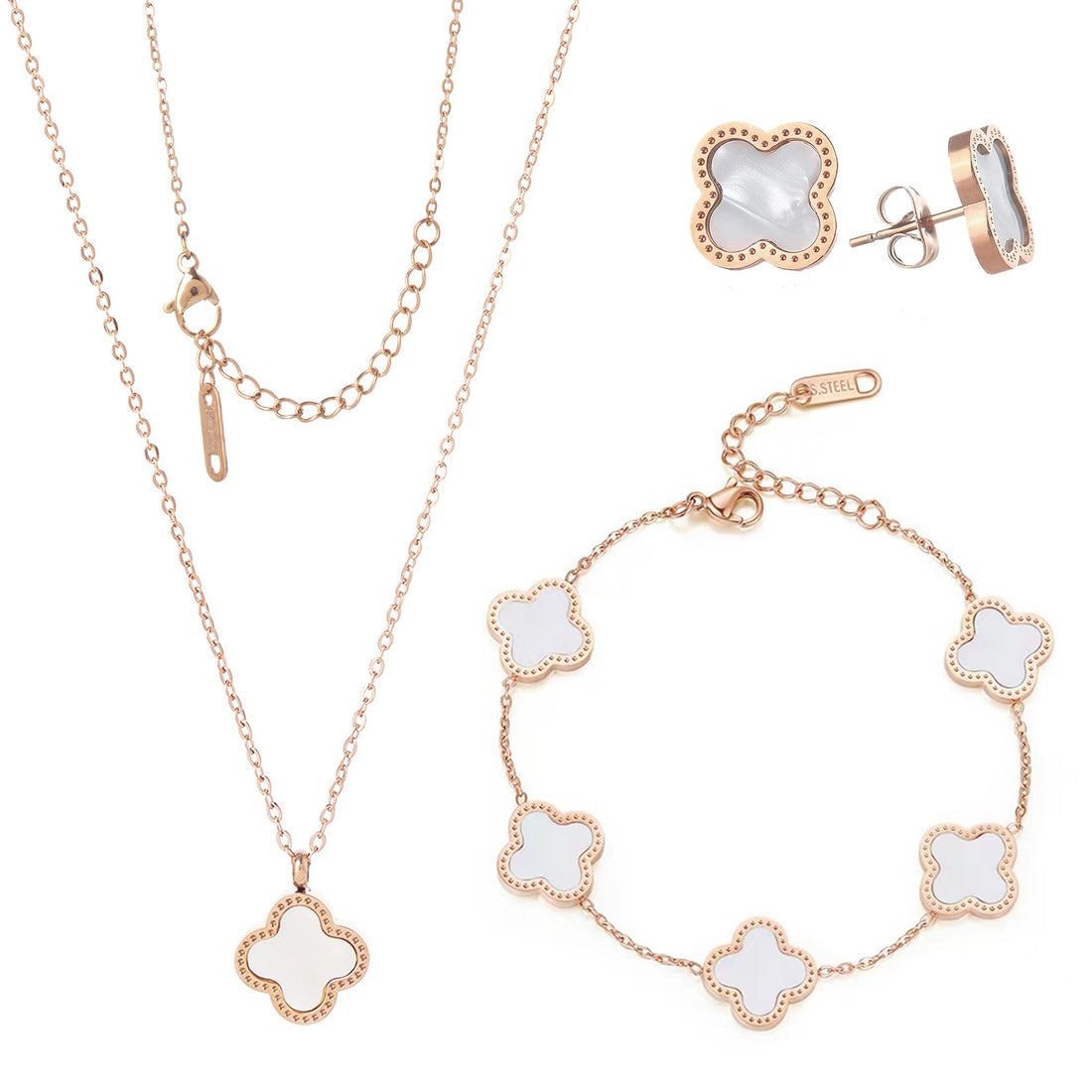 Rose gold Lucky Clover Jewelry Set with white accents