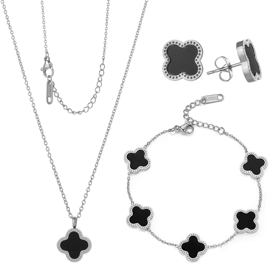 Silver Lucky Clover Jewelry Set with black accents