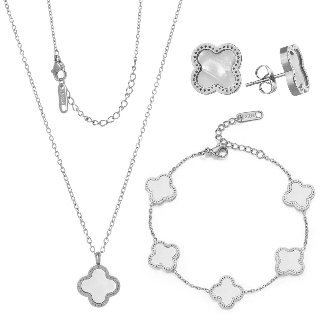 Silver Lucky Clover Jewelry Set with white accents