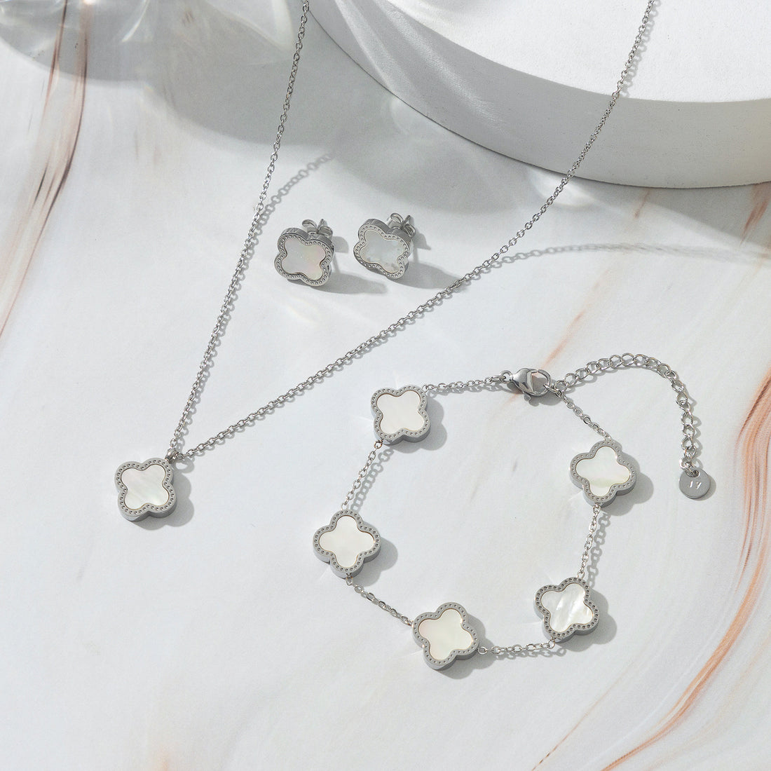 Silver Lucky Clover Jewelry Set with white accents