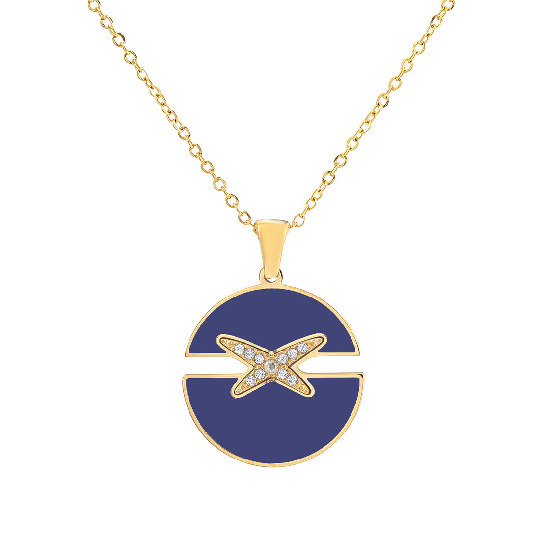 X Simple Round Cross Necklace with Blue